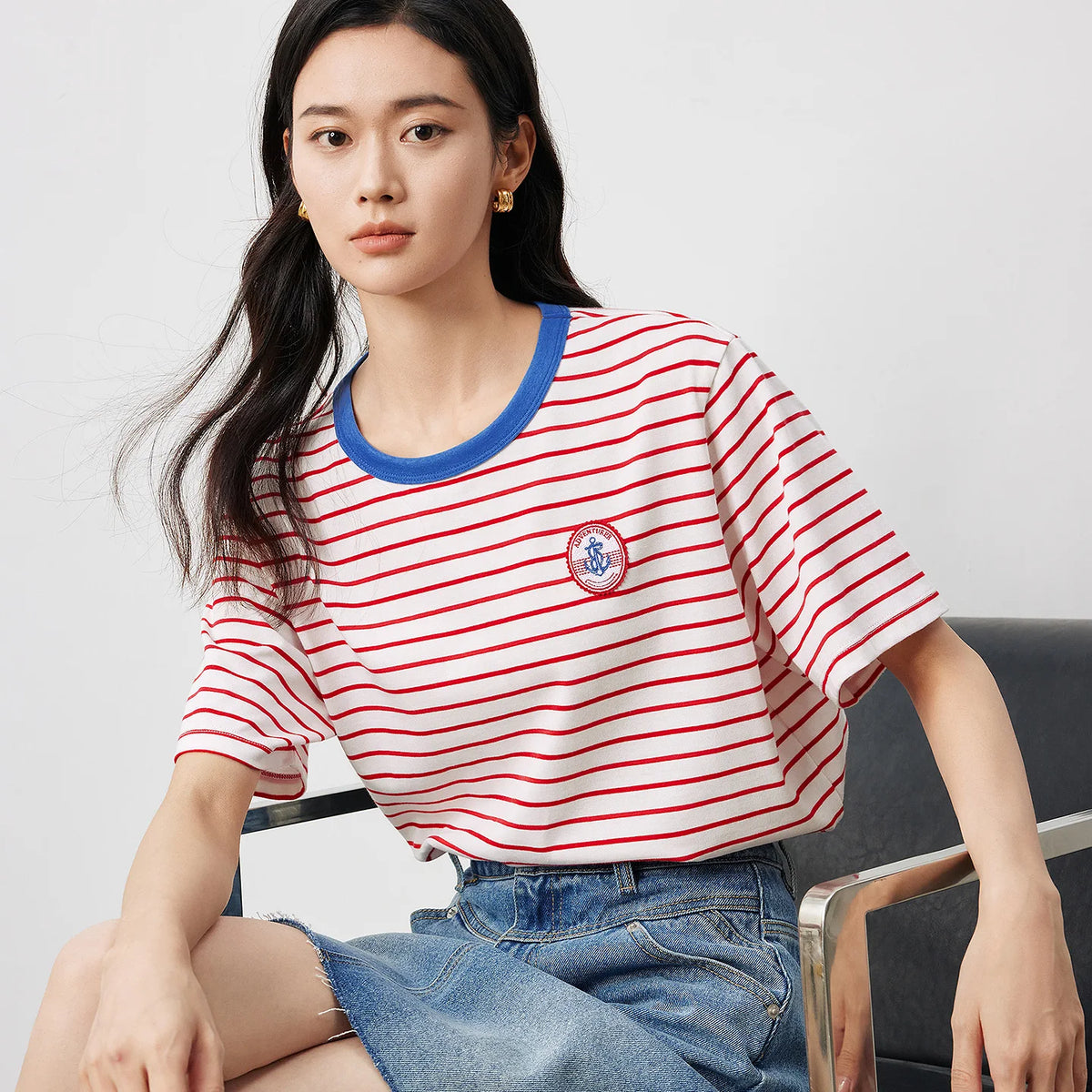 TOYOUTH Women T Shirts 2026 Summer New Striped Short Sleeve Age Reducing College Style Crew Neck Tops