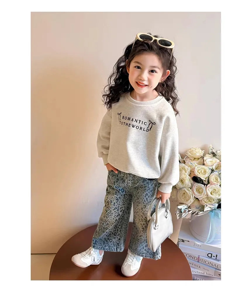 Girls Pants Spring Clothing New Children's Fashionable Jeans Leopard Pattern Wide Legs for Baby Girls