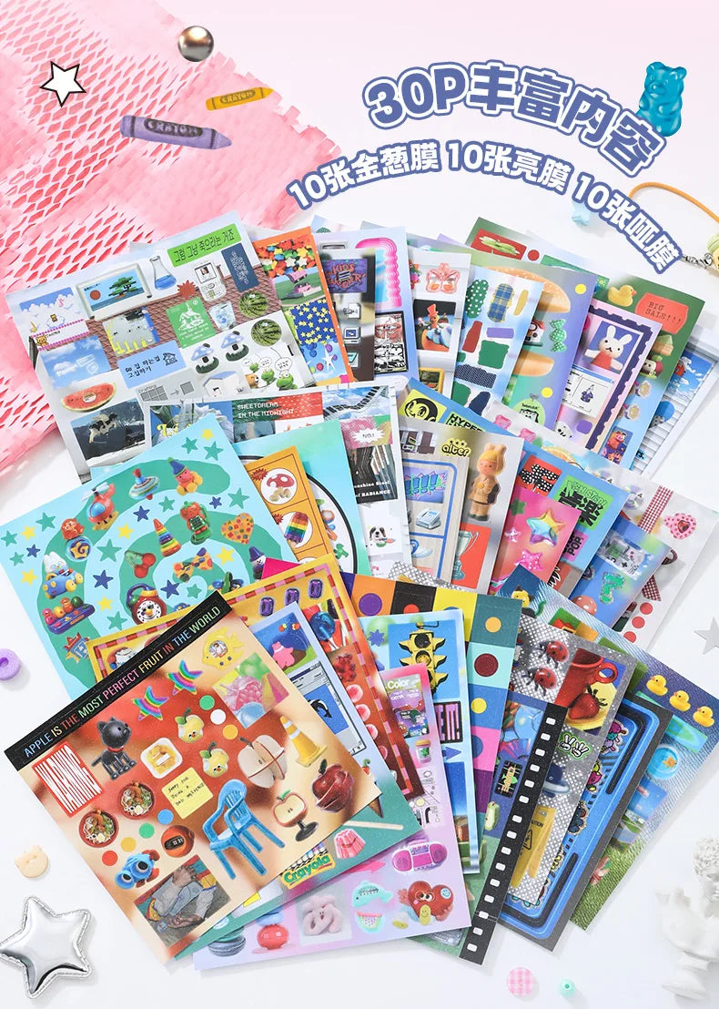 JIAMEI 30sheets Retro and Future Series Kawaii Ins Die Cutting Font Stickers Book DIY Diary Clipbook Aesthetics Stickers