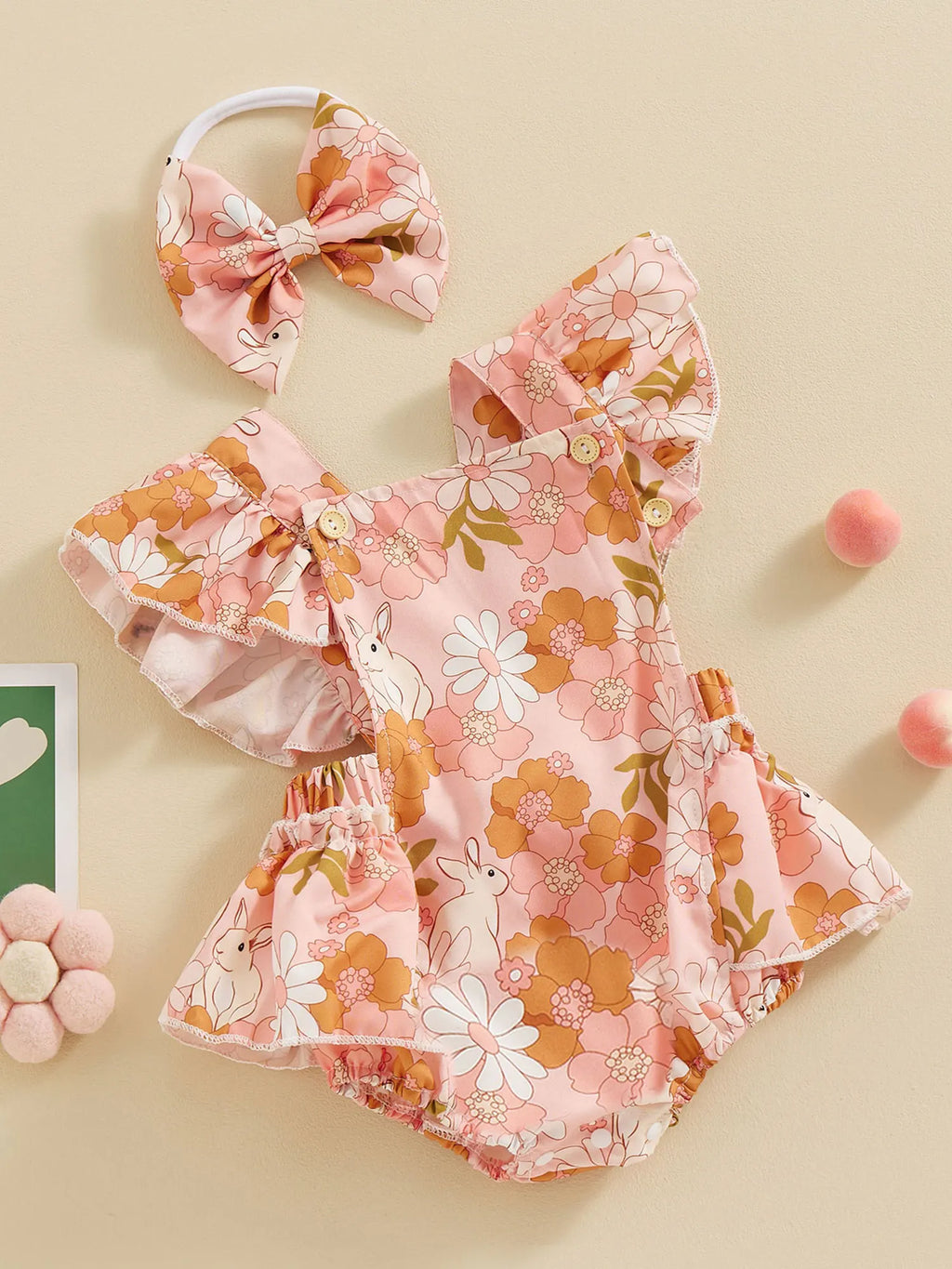 Baby Girls 2Pcs Easter Outfits Ruffle Sleeve Bunny Floral Print Romper Headband Set Newborn Clothes
