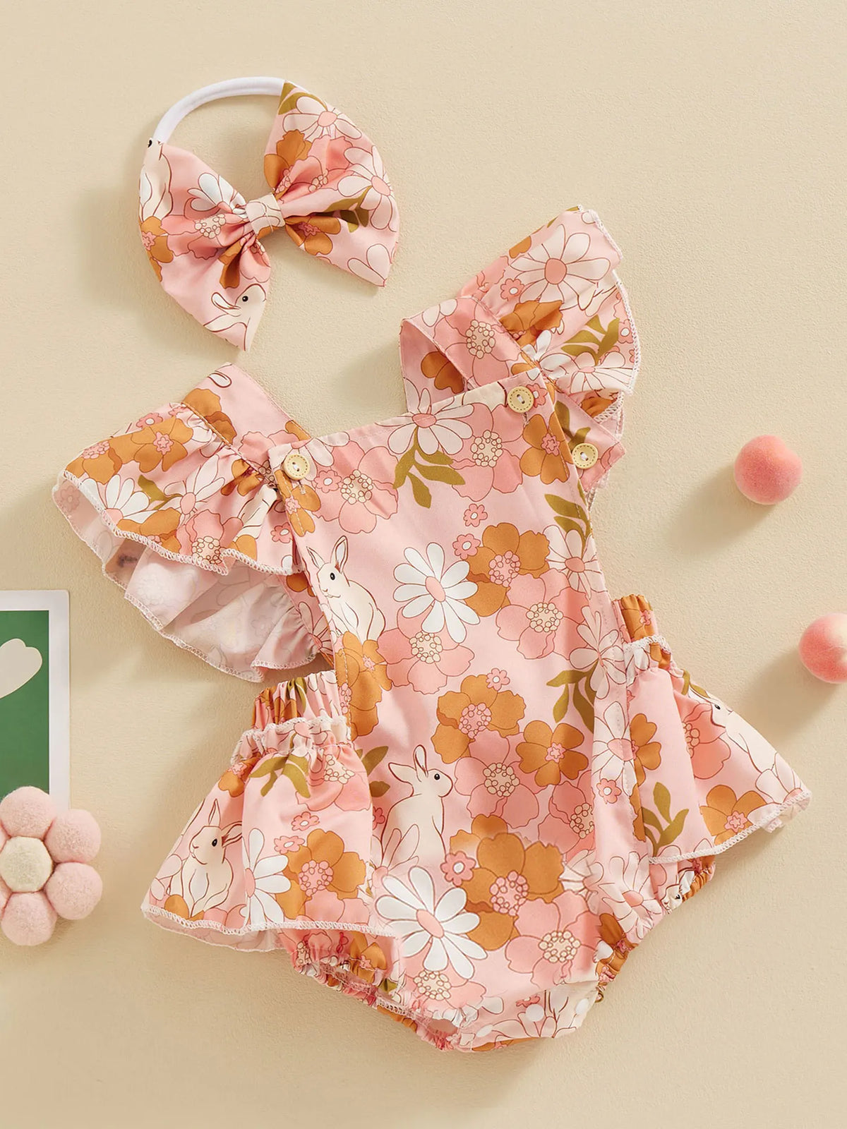 Baby Girls 2Pcs Easter Outfits Ruffle Sleeve Bunny Floral Print Romper Headband Set Newborn Clothes