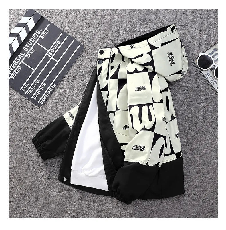 Teenager Boys Color Block Hooded Jacket 2026 Children Spring Autumn Handsome Letter Print Windbreak Coat Kids Clothes Outerwear