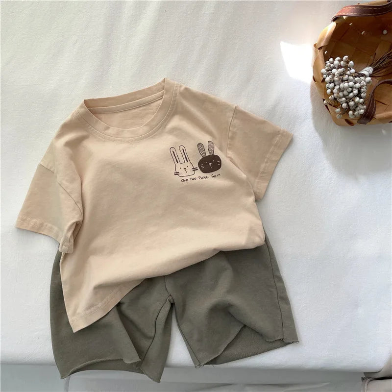 2026 Summer 2-8 Years Girls Boys Cute Print Rabbit Short Sleeve Cotton T-shirts Kids Tee