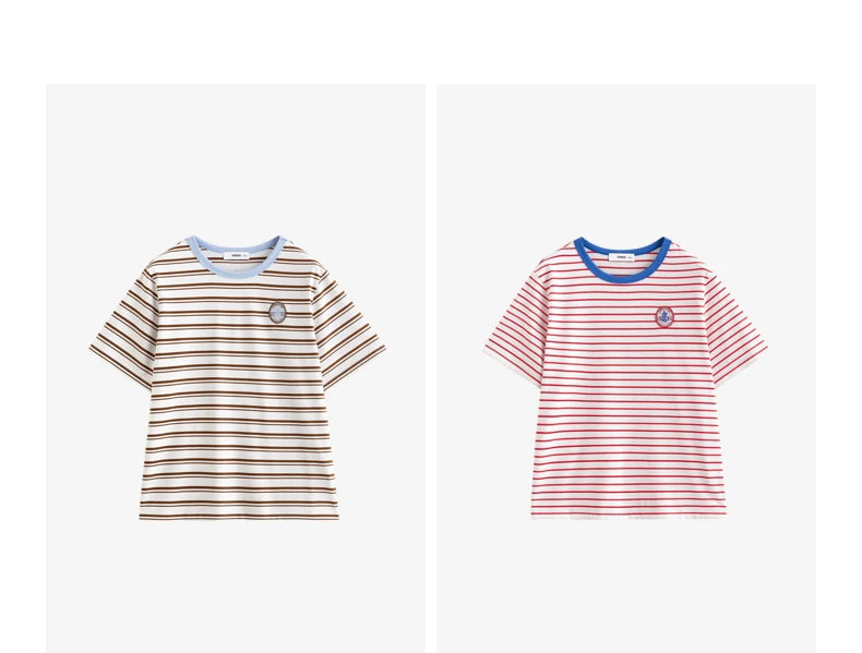 TOYOUTH Women T Shirts 2026 Summer New Striped Short Sleeve Age Reducing College Style Crew Neck Tops