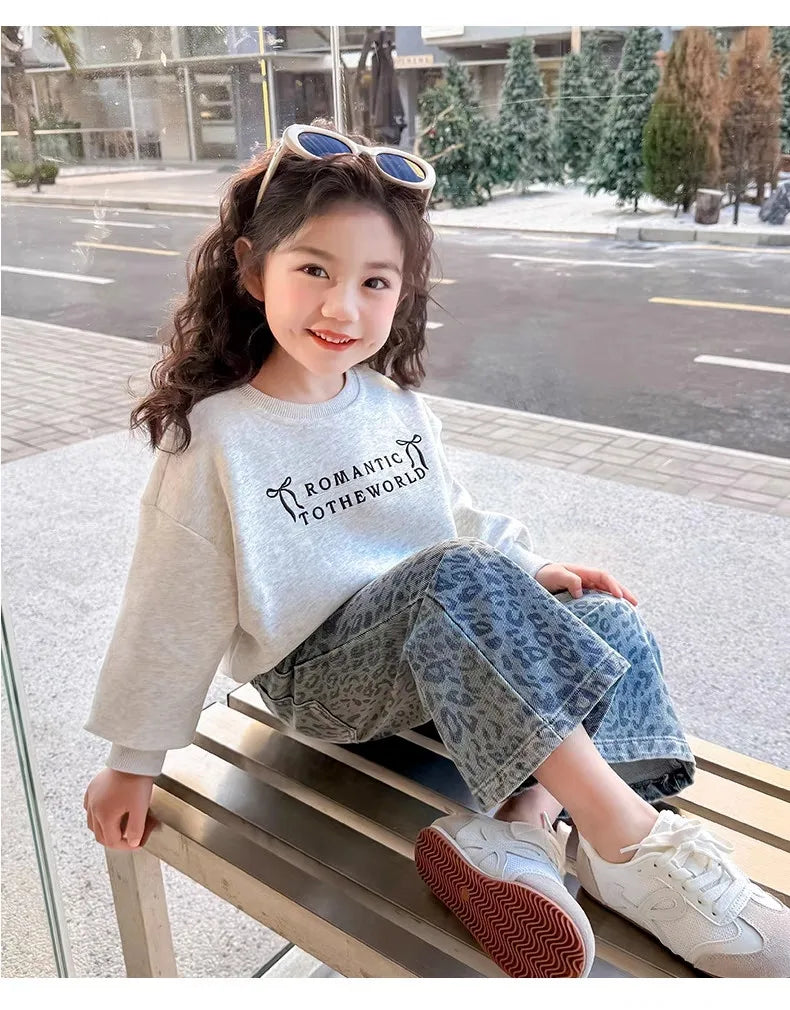 Girls Pants Spring Clothing New Children's Fashionable Jeans Leopard Pattern Wide Legs for Baby Girls