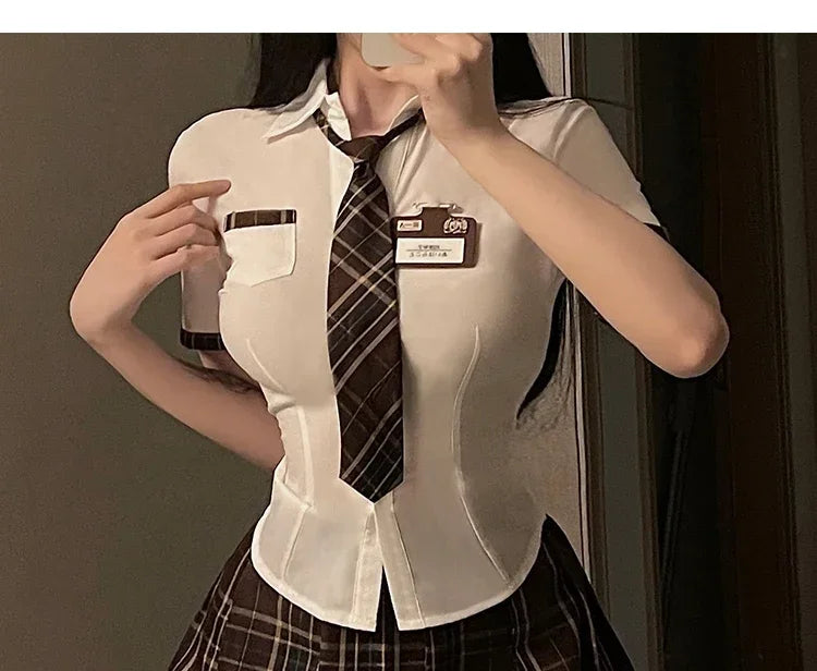 Schoolgirl Costumes Women Sexy Cosplay Lingerie Students Uniform Adult Roleplay Shirt Tops with Pleated Mini Skirt Panties Set