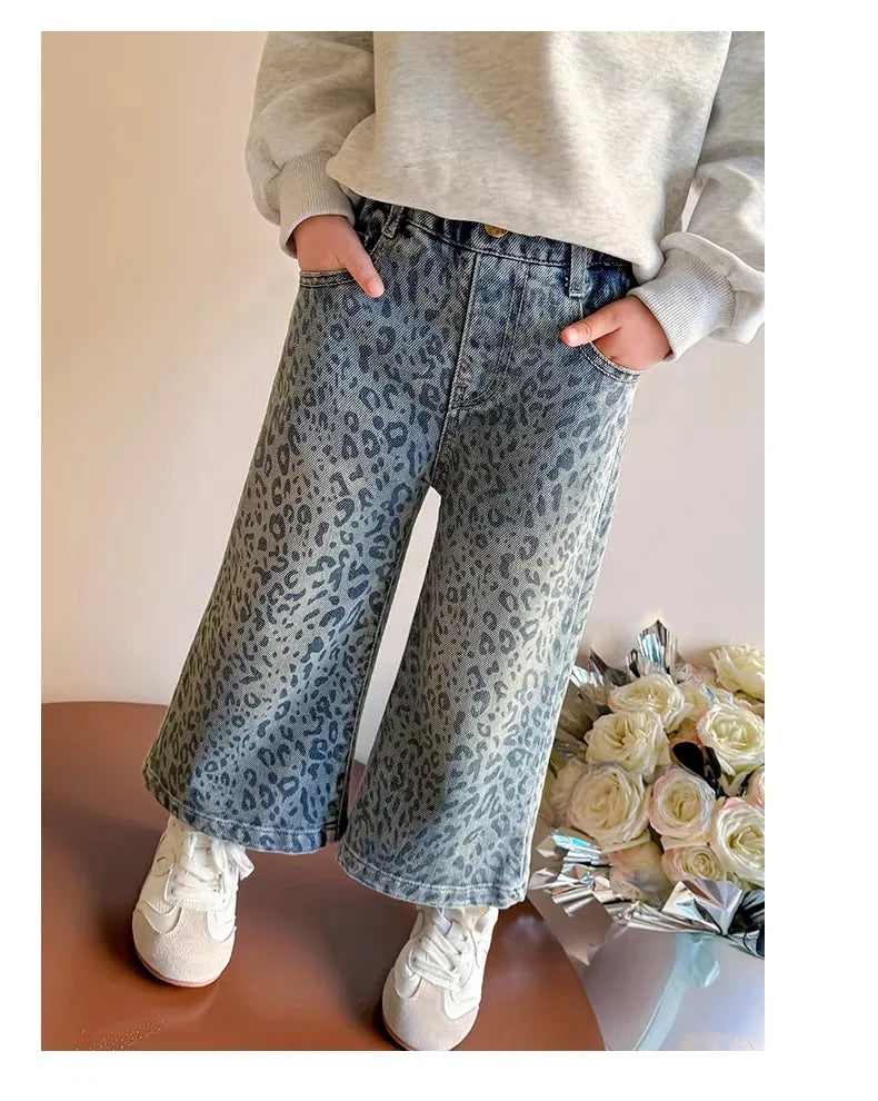Girls Pants Spring Clothing New Children's Fashionable Jeans Leopard Pattern Wide Legs for Baby Girls