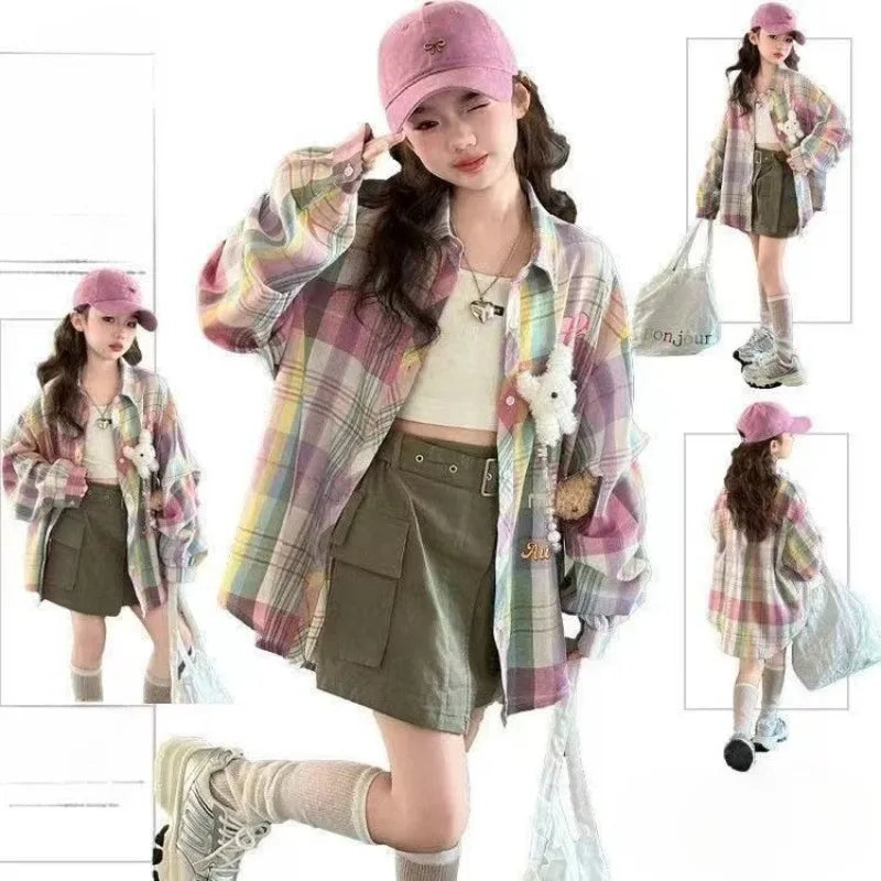 Plaid Shirt for Tween Girls 2025 Spring Casual Floral Print Long Sleeve Outerwear Children's Garment Trendy