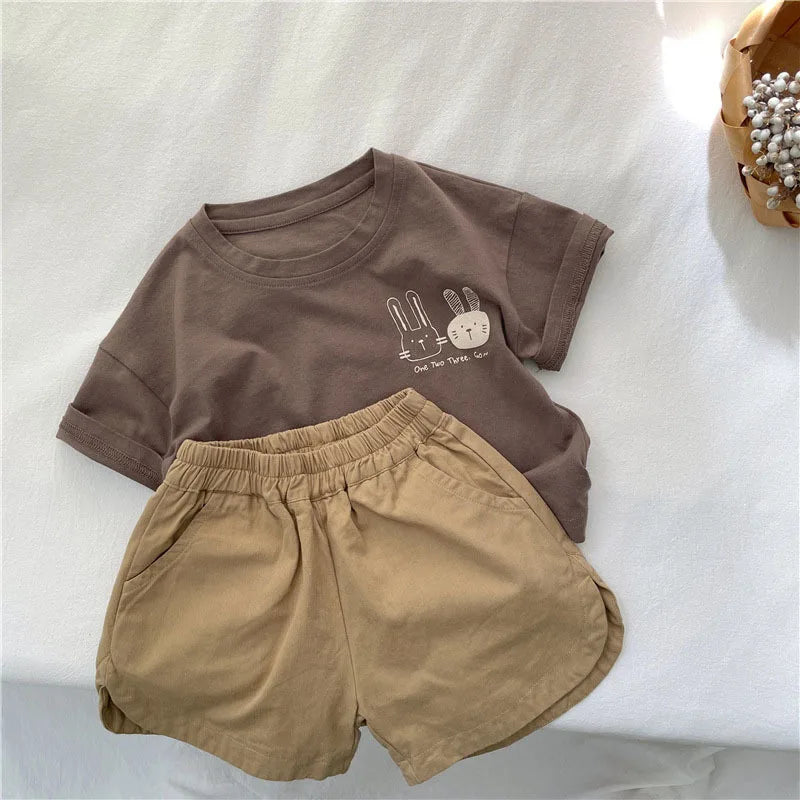 2026 Summer 2-8 Years Girls Boys Cute Print Rabbit Short Sleeve Cotton T-shirts Kids Tee