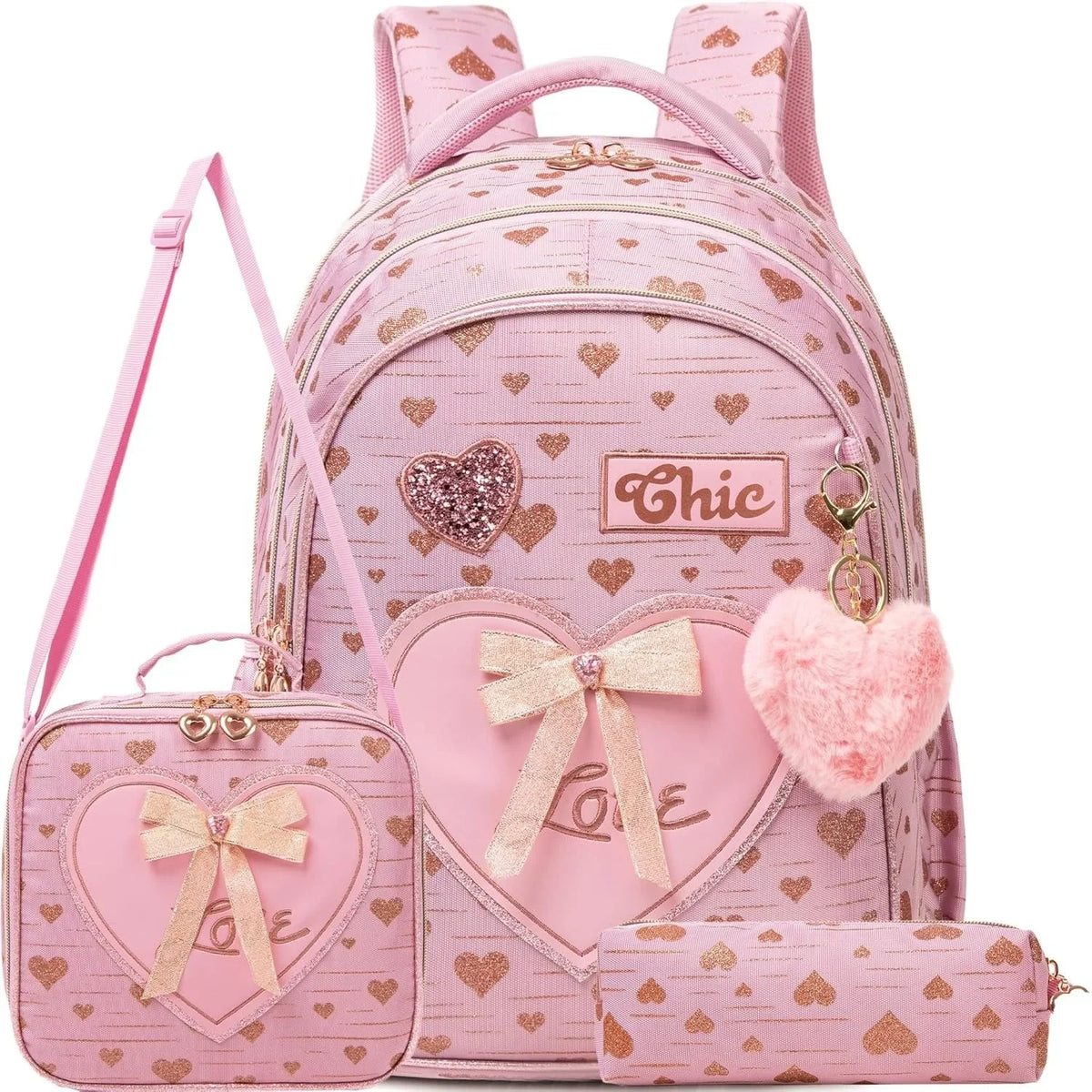 3PCS Girls School Backpack Set with Lunch Tote and Pencil Case Lightweight Elementary Bookbag for Kids Back To School Mochila