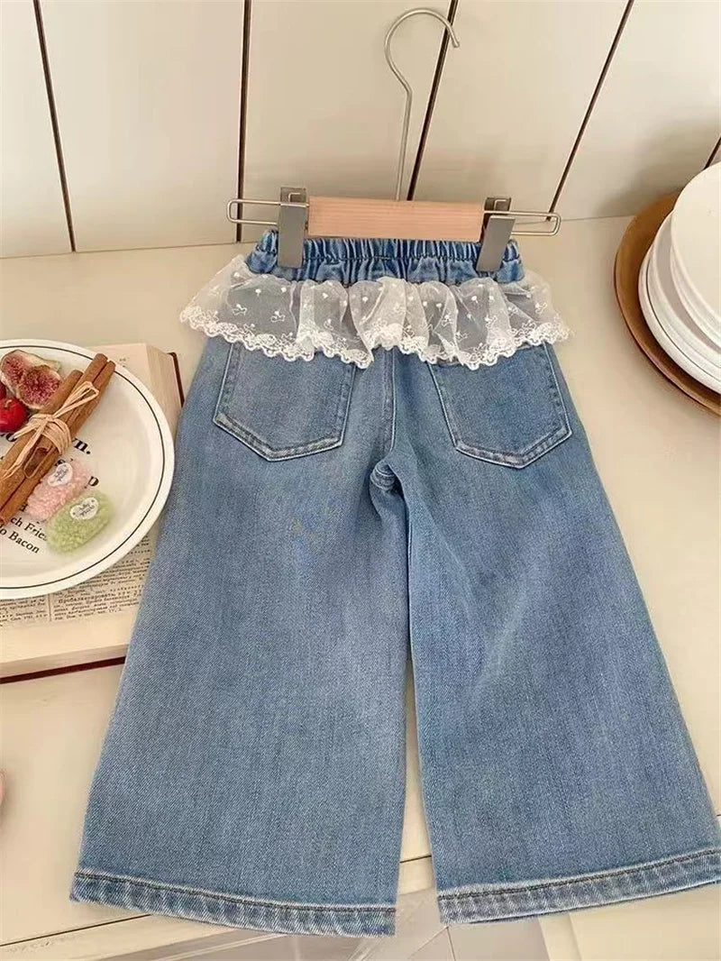 Girls Stitching Lace Denim Pants 2025New Spring Embroidered Bow Jeans Children Clothes Kids Straight Legged Pants Loose Trousers