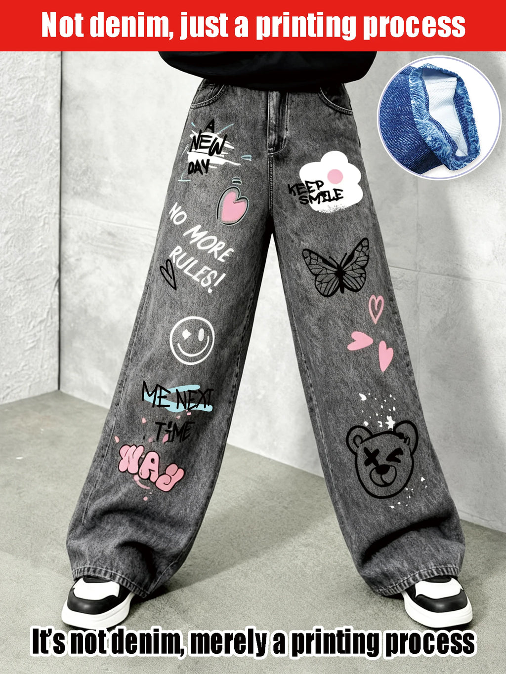 Girls' Y2K Cartoon Graffiti Print Wide Leg Faux Jeans - Teen Fashion Loose Fit Faux Jeans with Smiley Face, Butterfly and Bear P