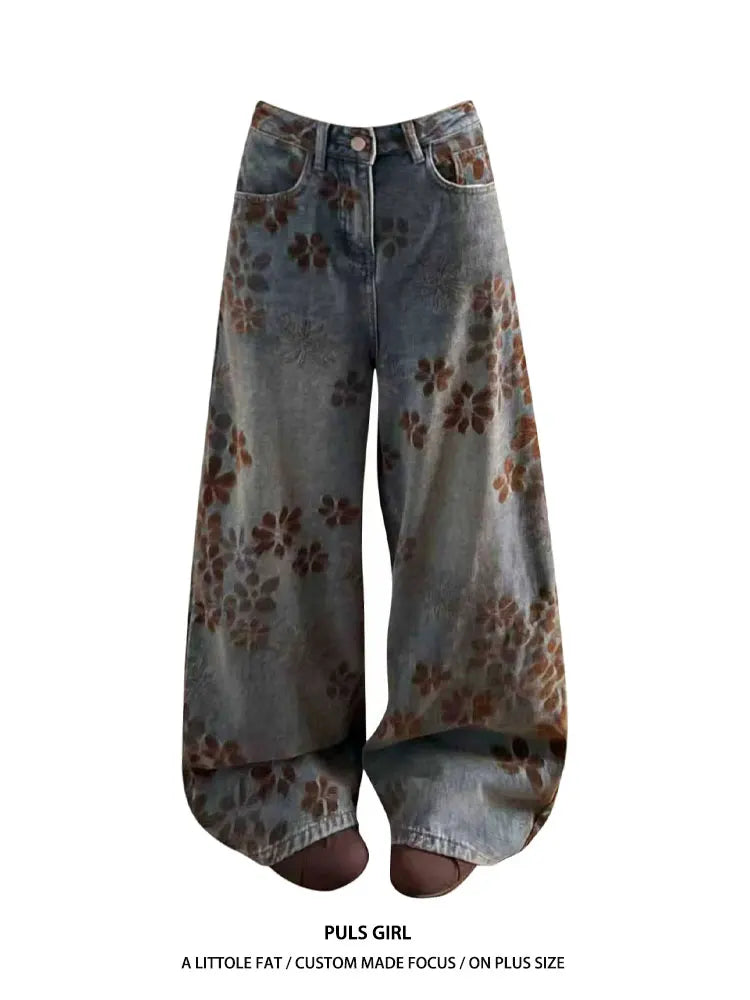 Retro Washed American Style Wide Leg Jeans Women's Loose Fit High Waist Floral Embroidery Design Casual Trousers for plus Size