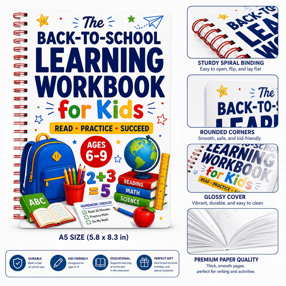Back to School Learning Workbook for Kids Ages 6-9: Reading, Math & Science Practice Book for Elementary Grades 1-3