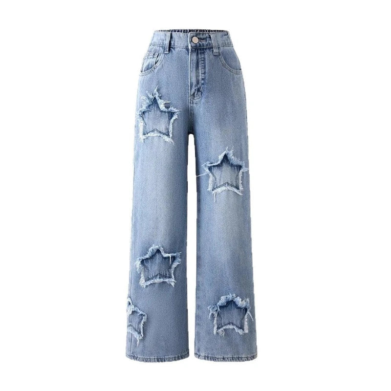 Girls Washed Wide Leg Jeans Kids Loose Trousers Stars Daily Casual Outerwear Elastic Waist Denim Pant Y2k Streetwear 2026 Summer