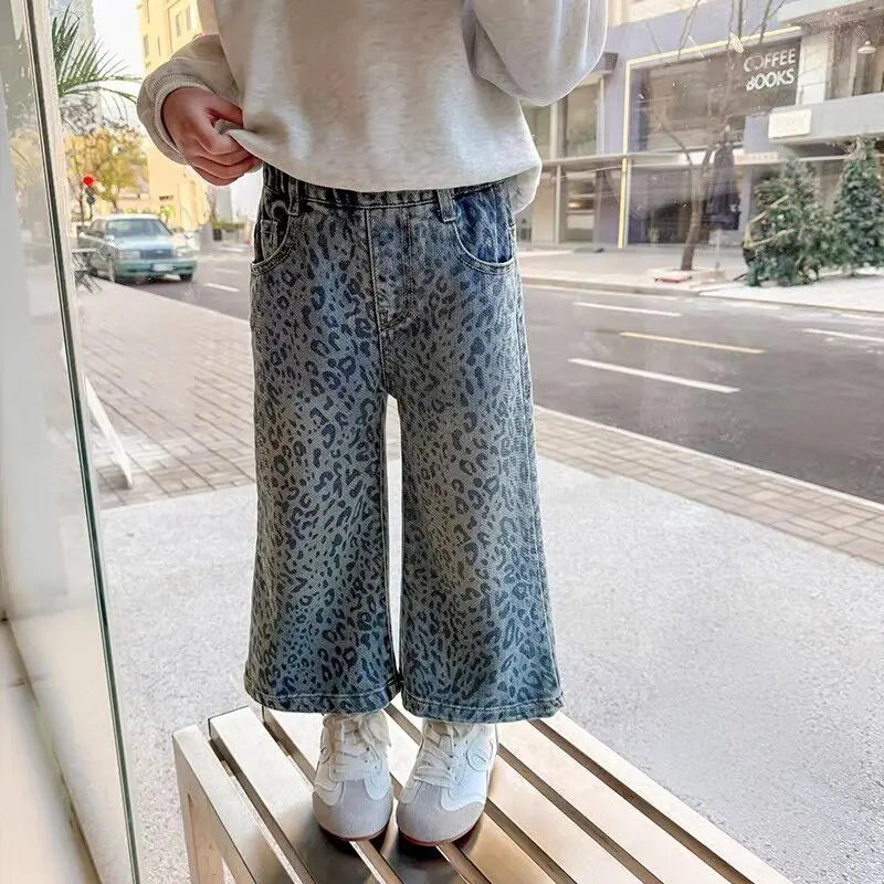 Girls Pants Spring Clothing New Children's Fashionable Jeans Leopard Pattern Wide Legs for Baby Girls