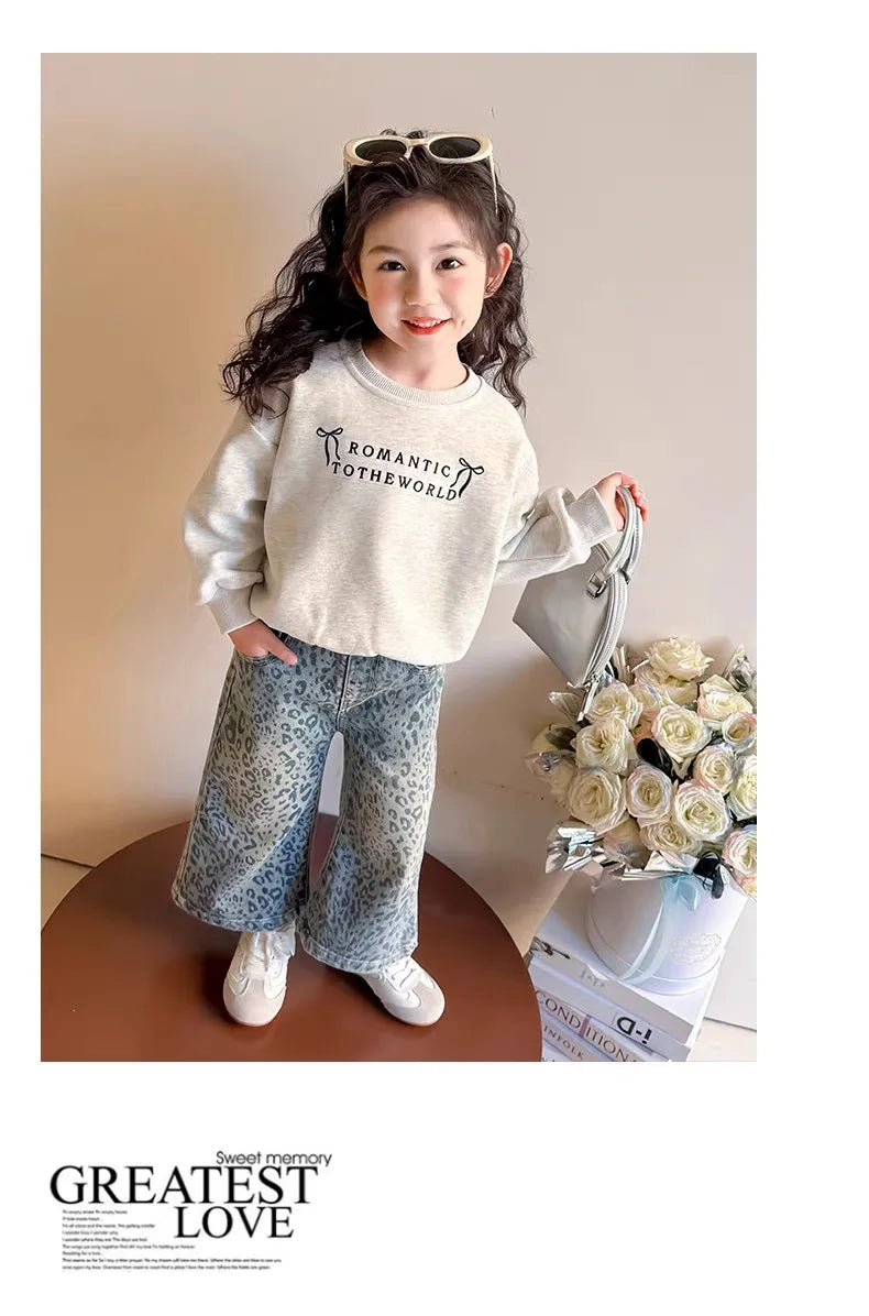 Girls Pants Spring Clothing New Children's Fashionable Jeans Leopard Pattern Wide Legs for Baby Girls