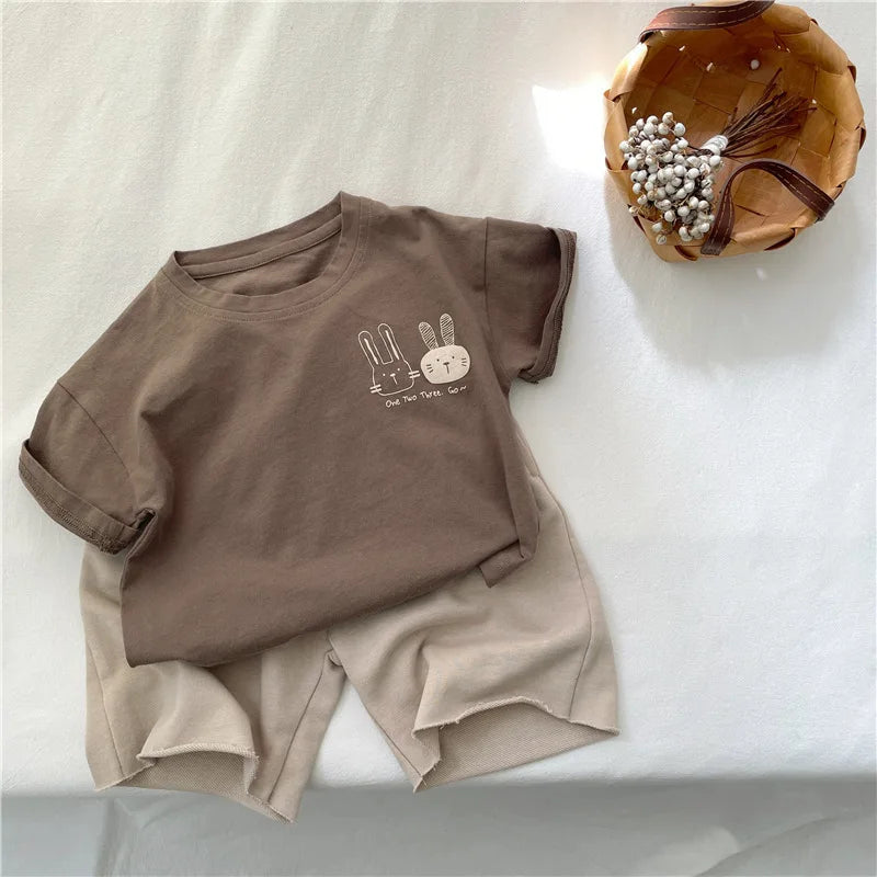 2026 Summer 2-8 Years Girls Boys Cute Print Rabbit Short Sleeve Cotton T-shirts Kids Tee