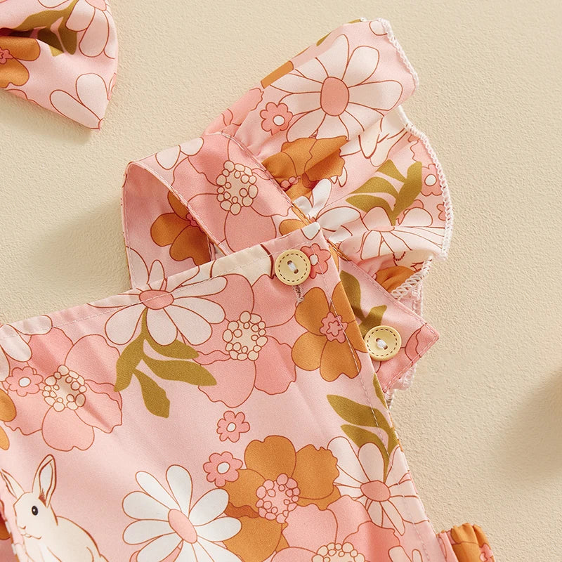Baby Girls 2Pcs Easter Outfits Ruffle Sleeve Bunny Floral Print Romper Headband Set Newborn Clothes
