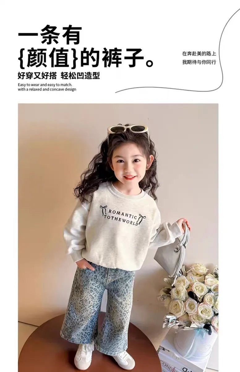Girls Pants Spring Clothing New Children's Fashionable Jeans Leopard Pattern Wide Legs for Baby Girls