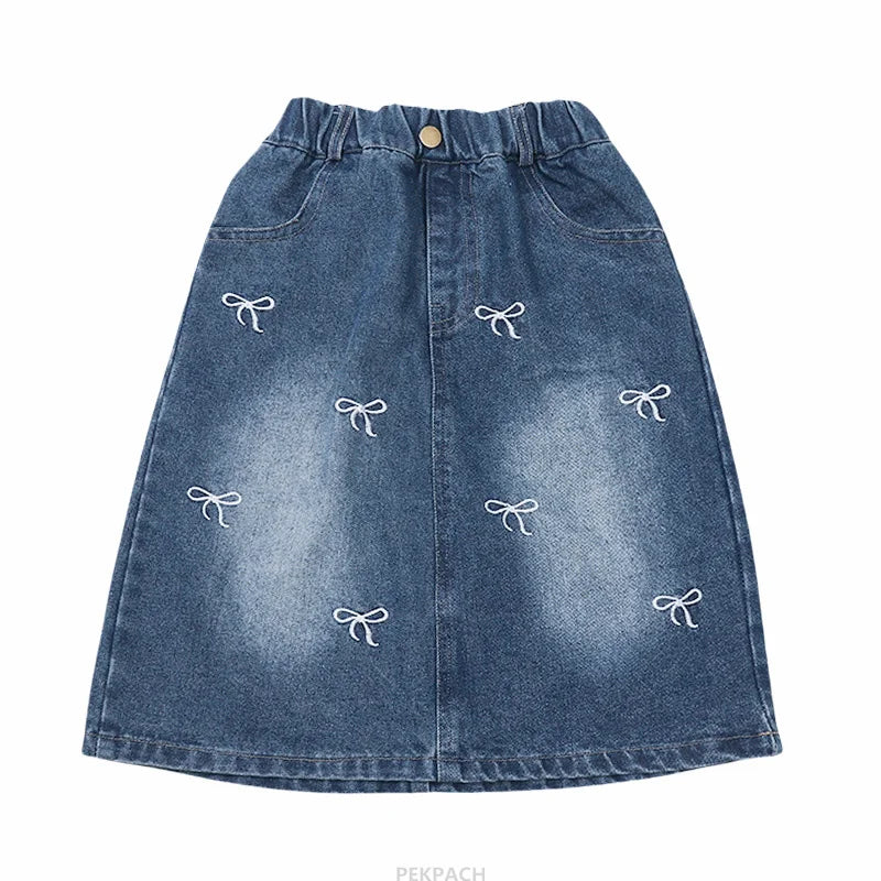 Summer Children vintage Denim Skirt for Teen Girl Fashion Pencil Skirts with Bow Knot For Kids Teenager Age 5 6 7 8 9 10 13 14Y