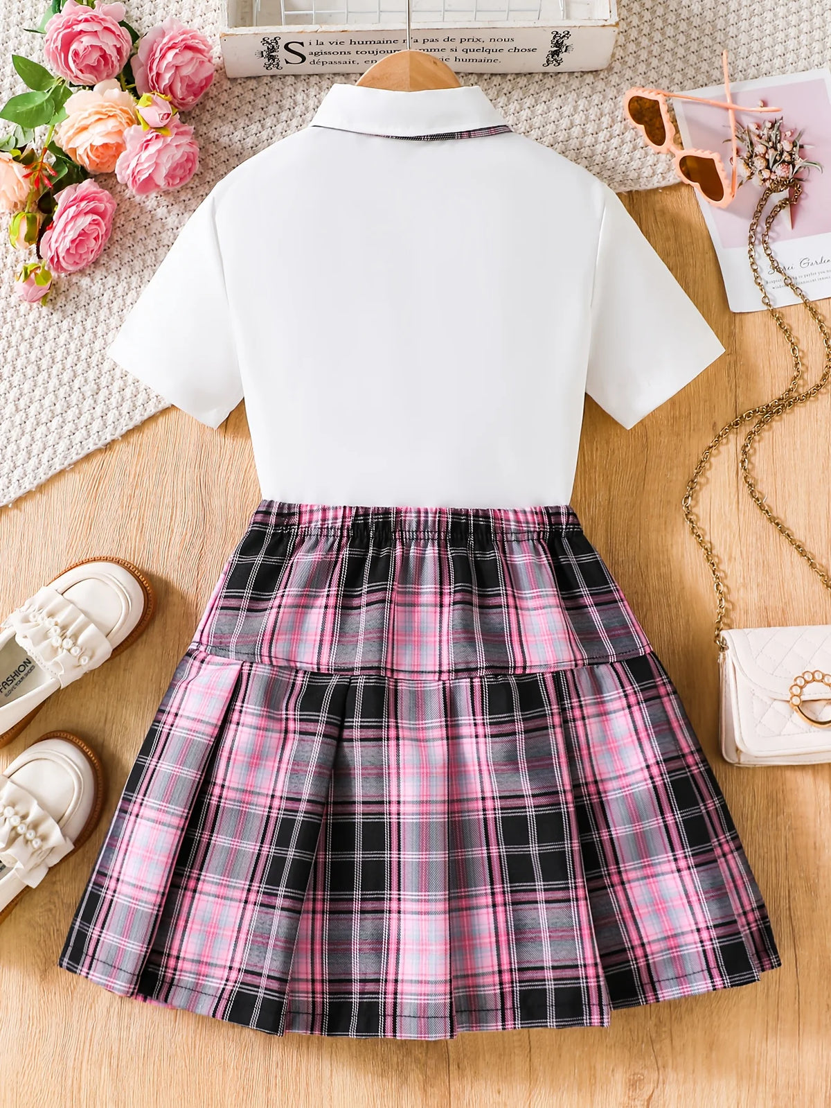 Girls' Casual Skirt Set: Short-Sleeved Shirt and Pink-Purple Plaid Bow Skirt Two-Piece Set, White Top Paired with Pink-Purple Skirt, Fashionable and Versatile, Suitable for Girls Aged 5-13