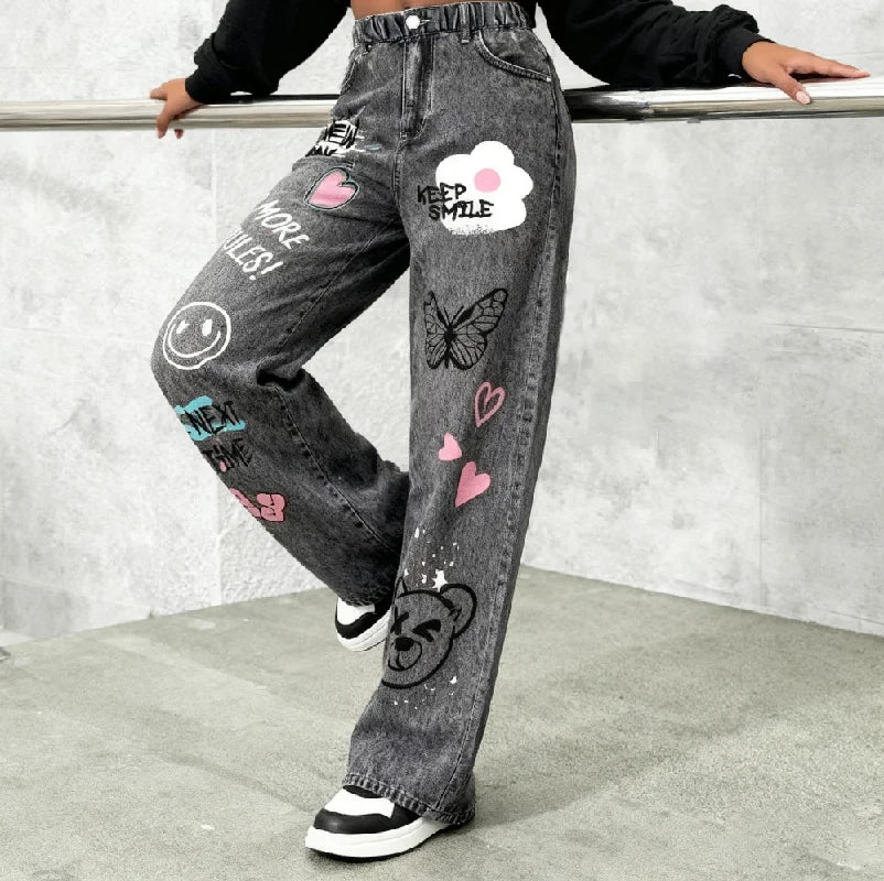 Girls' Y2K Cartoon Graffiti Print Wide Leg Faux Jeans - Teen Fashion Loose Fit Faux Jeans with Smiley Face, Butterfly and Bear P
