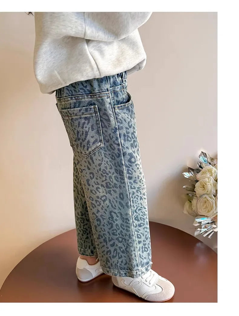 Girls Pants Spring Clothing New Children's Fashionable Jeans Leopard Pattern Wide Legs for Baby Girls