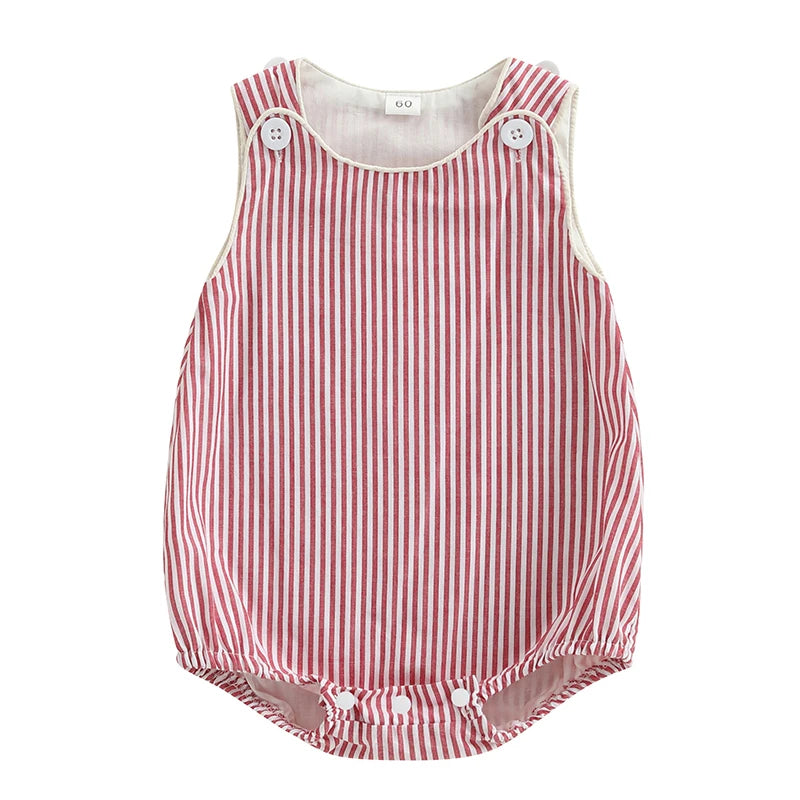 Baby Boy Romper Summer Sleeveless Round Neck Button Shoulder Stripes Print Romper Newborn Overalls
