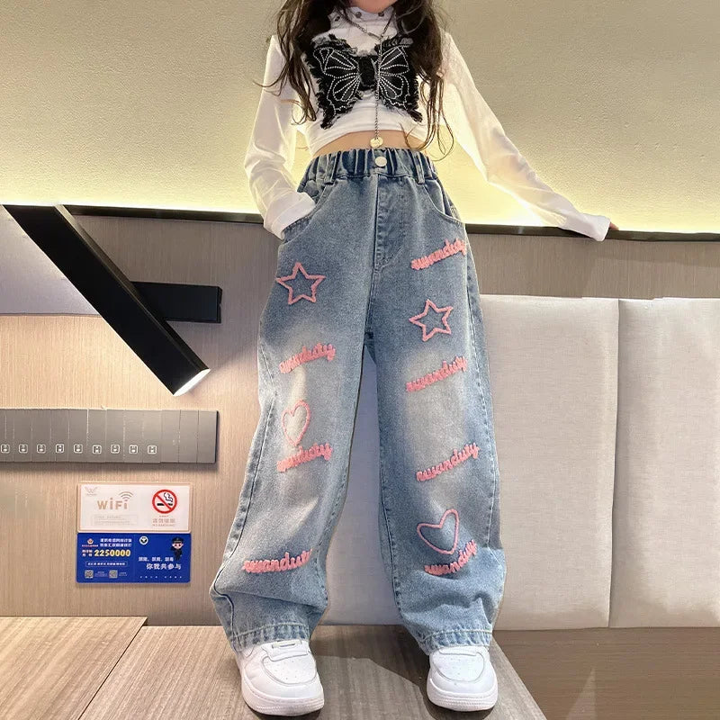 New 2024 Spring  Girls Jeans Stars Love Towel Embroidered wide Leg Long pants Baggy Denim Trousers for 4-13yrs Kids Girl