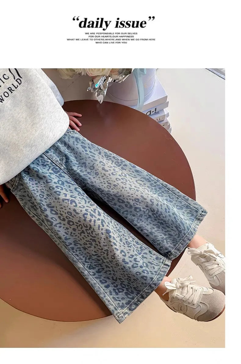 Girls Pants Spring Clothing New Children's Fashionable Jeans Leopard Pattern Wide Legs for Baby Girls