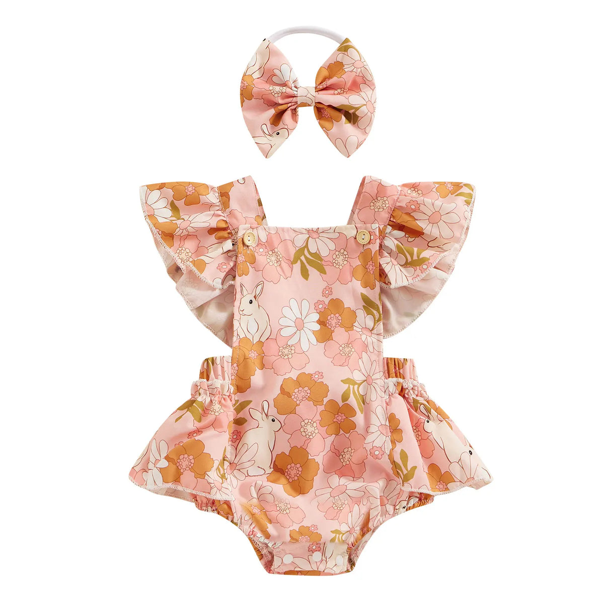 Baby Girls 2Pcs Easter Outfits Ruffle Sleeve Bunny Floral Print Romper Headband Set Newborn Clothes