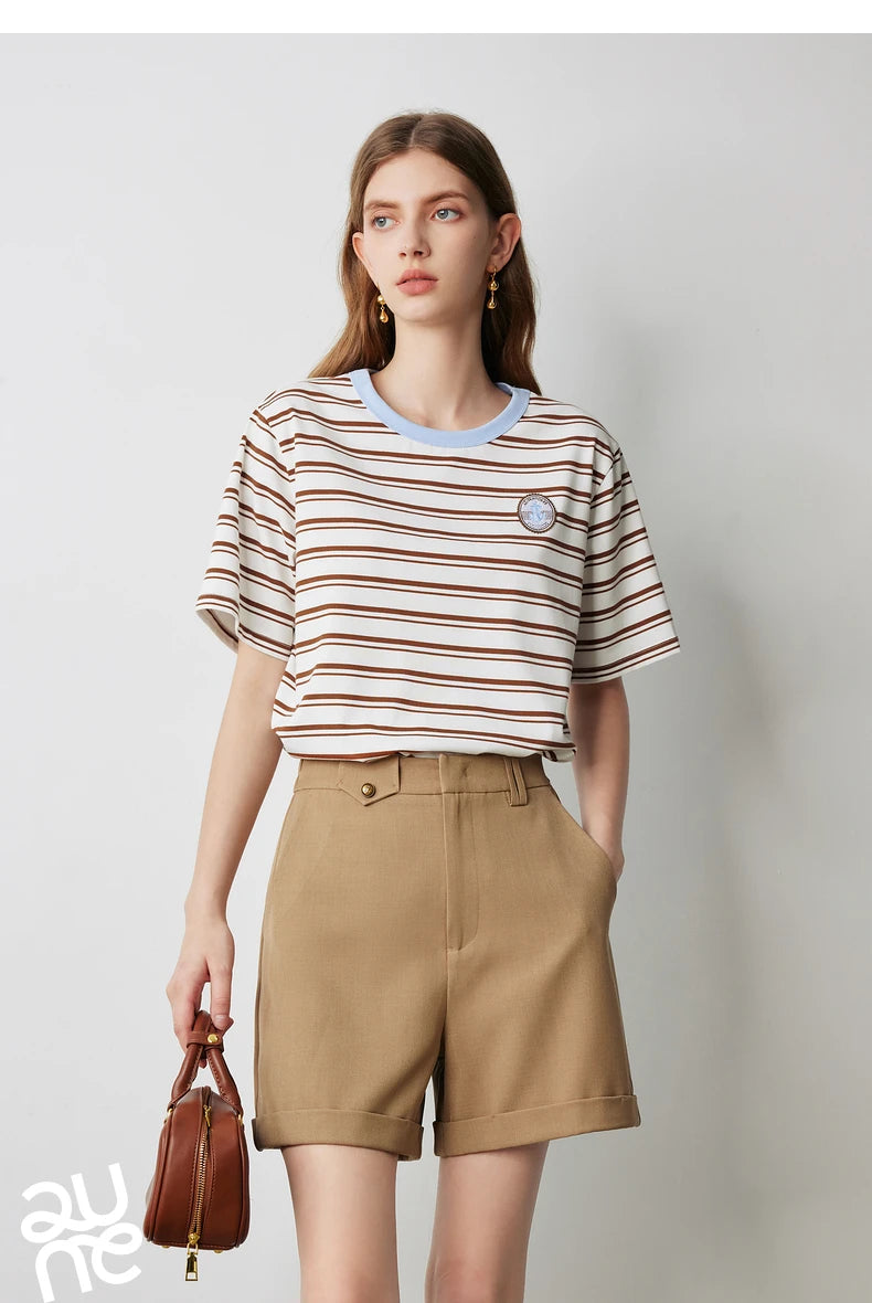 TOYOUTH Women T Shirts 2026 Summer New Striped Short Sleeve Age Reducing College Style Crew Neck Tops