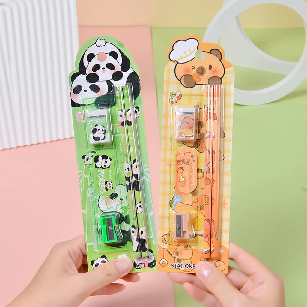 Kids Cartoon 5-Piece Stationery Set Complete Pencil Ruler Eraser Combo Cute Back To School Gift School Office Suppliers