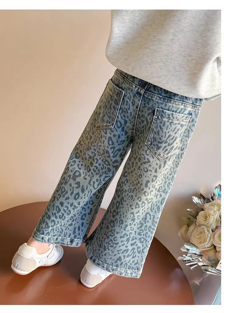Girls Pants Spring Clothing New Children's Fashionable Jeans Leopard Pattern Wide Legs for Baby Girls