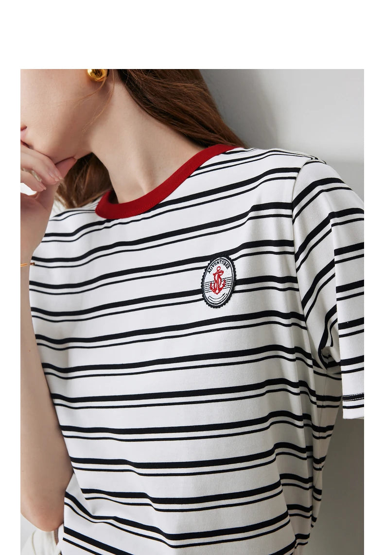 TOYOUTH Women T Shirts 2026 Summer New Striped Short Sleeve Age Reducing College Style Crew Neck Tops