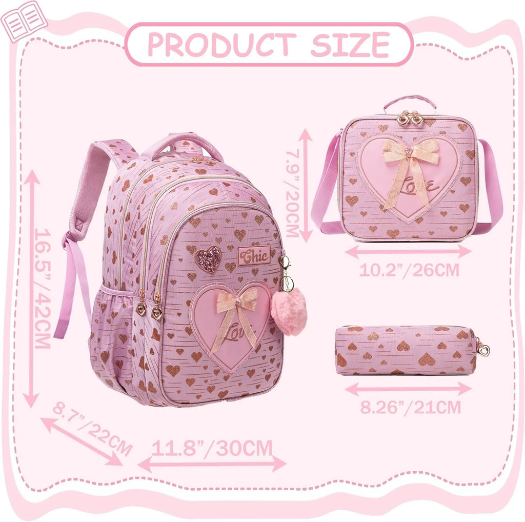3PCS Girls School Backpack Set with Lunch Tote and Pencil Case Lightweight Elementary Bookbag for Kids Back To School Mochila