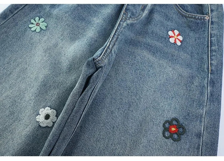 Teenagers Spring Girls Jeans Flower Children Trousers Autumn Girls Denim Wide Leg Pants Birthday Gifts 5-16 Years Kids Clothes