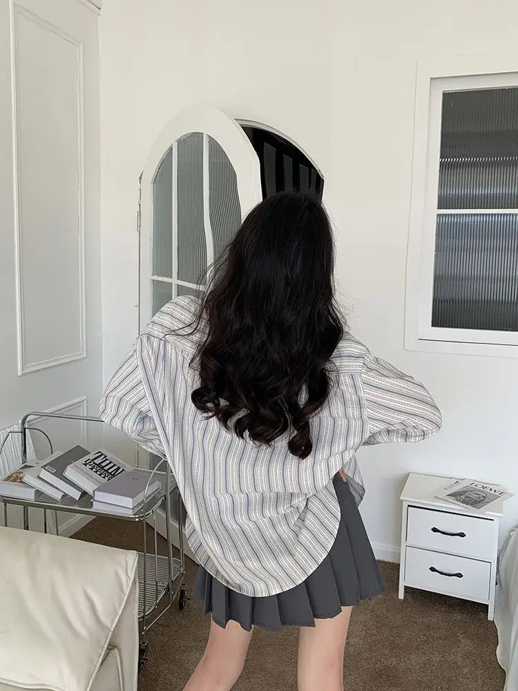 Striped Shirts Women Baggy Preppy Sweet Teens Youth Girlish Japanese Street Personal Designer Harajuku Ins Fashion Clothing Cozy
