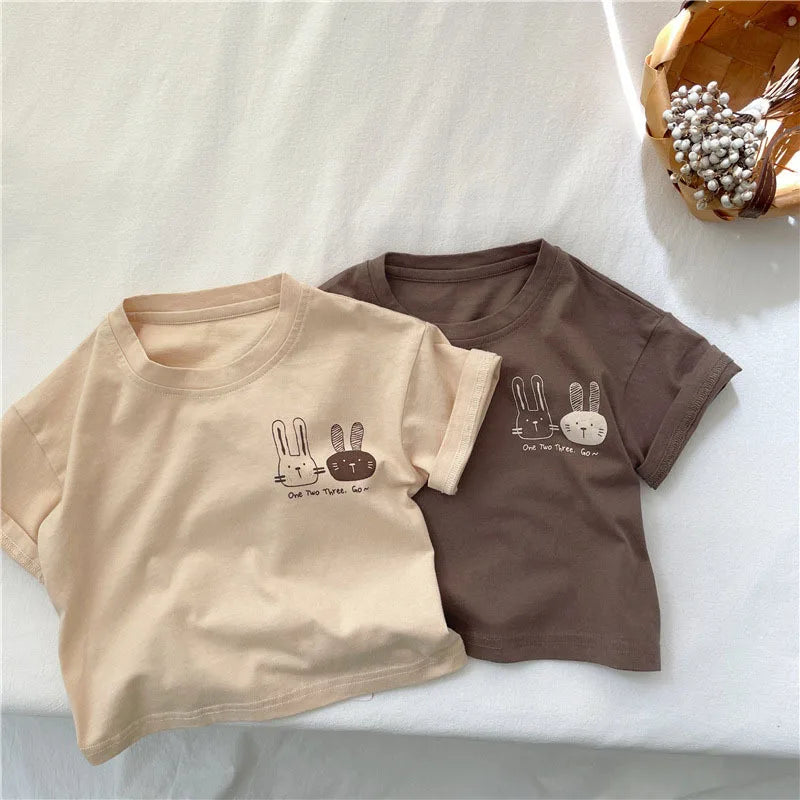2026 Summer 2-8 Years Girls Boys Cute Print Rabbit Short Sleeve Cotton T-shirts Kids Tee