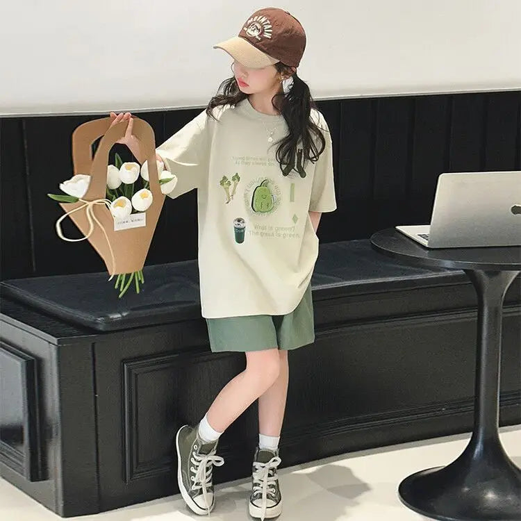 Summer Teenage Girls Clothes Set Children Lemon Fruit Printed T-shirts and Shorts 2pcs Suit Kid Top Bottom Outfits Tracksuits