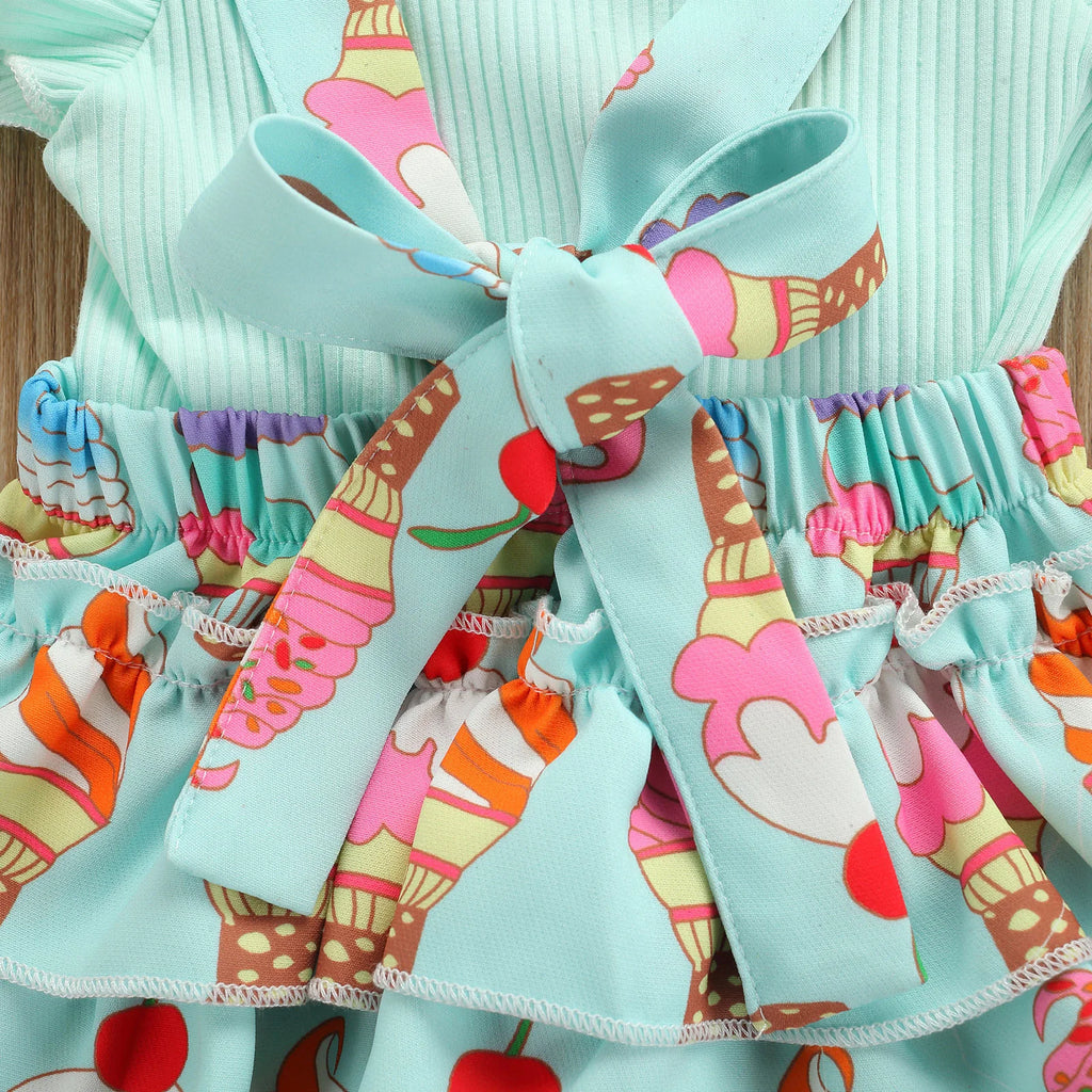 2Pcs Baby Girls Summer Outfits Fly Sleeve Rib Knit Tops Bow Suspender Skirt Set
