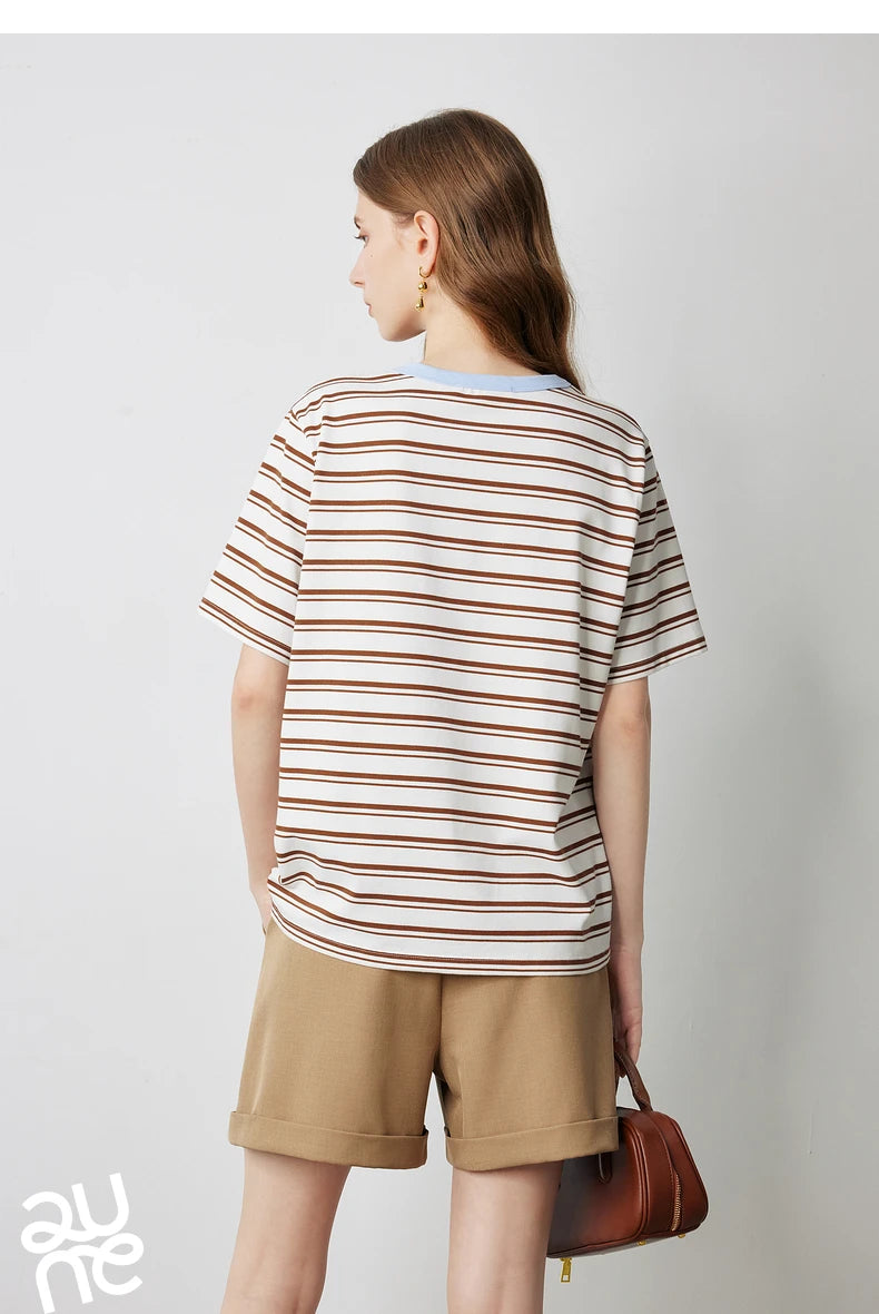 TOYOUTH Women T Shirts 2026 Summer New Striped Short Sleeve Age Reducing College Style Crew Neck Tops
