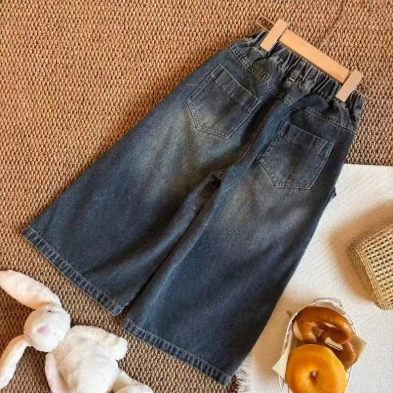 Kids Girls Wide Leg Jeans 2025 New Arrival CHildren Casual Loose False Two-piece Denim Trousers Spring Autumn Cotton Pants