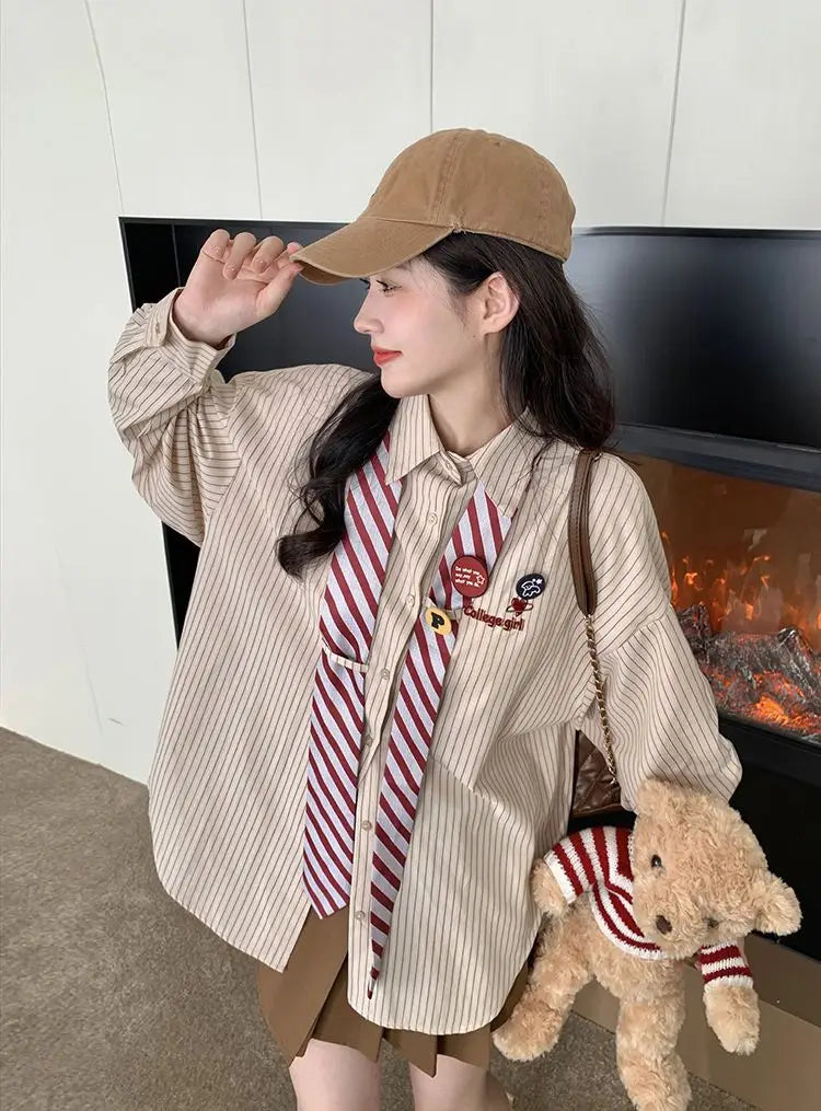 Striped Shirts Women Baggy Preppy Sweet Teens Youth Girlish Japanese Street Personal Designer Harajuku Ins Fashion Clothing Cozy