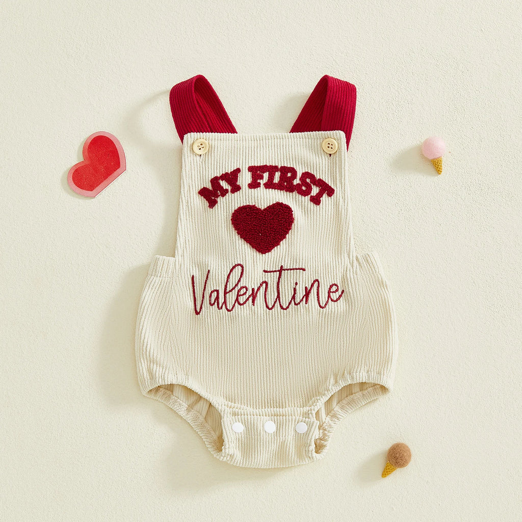 My First Valentines Day Baby Girl Boy Outfit Newborn Love Heart Romper Corduroy Sleeveless Bodysuit 0-18 Months