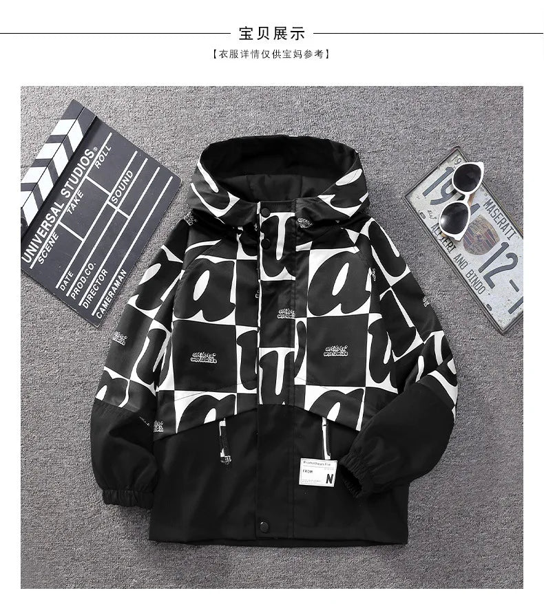 Teenager Boys Color Block Hooded Jacket 2026 Children Spring Autumn Handsome Letter Print Windbreak Coat Kids Clothes Outerwear