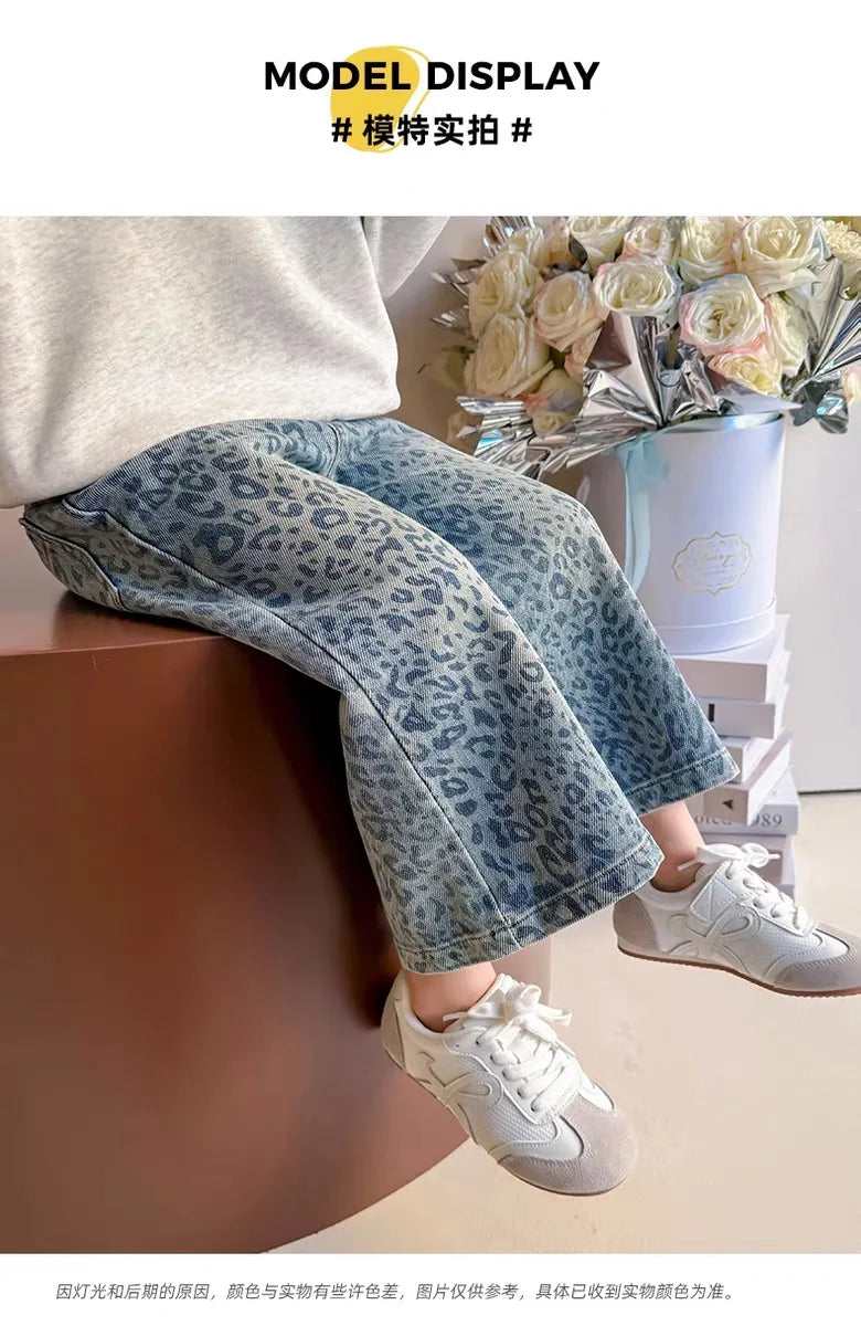 Girls Pants Spring Clothing New Children's Fashionable Jeans Leopard Pattern Wide Legs for Baby Girls