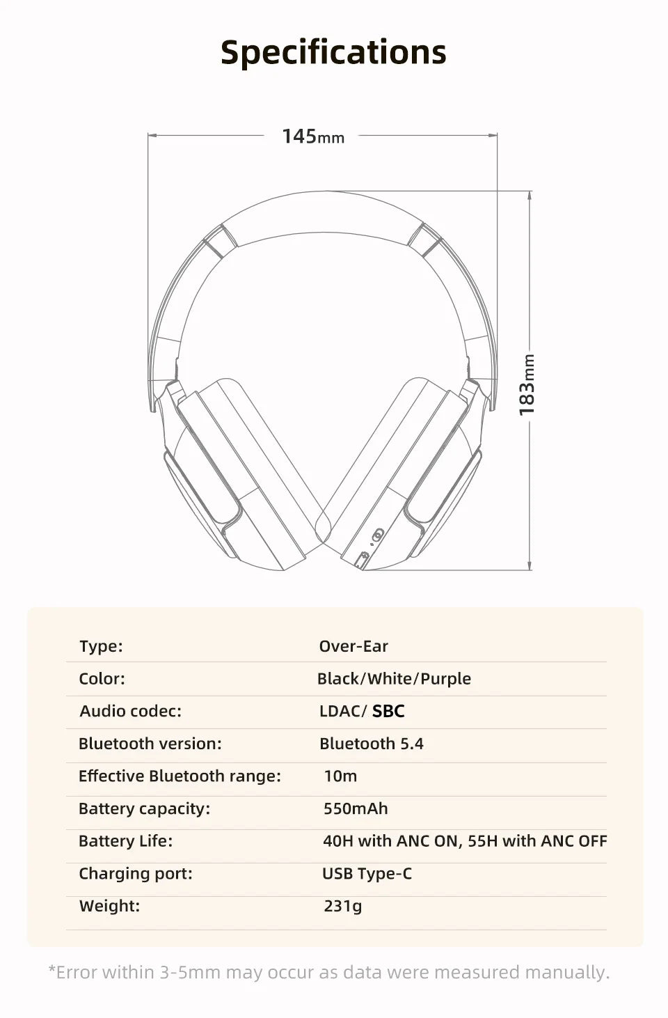 QCY H3 Pro ANC  Wireless Headphones 50dB Noise Canceling Bluetooth 5.4 LDAC Hi-Res Spatial Audio Over-Ear Headset 55H Playtime