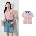 TOYOUTH Women T Shirts 2026 Summer New Striped Short Sleeve Age Reducing College Style Crew Neck Tops